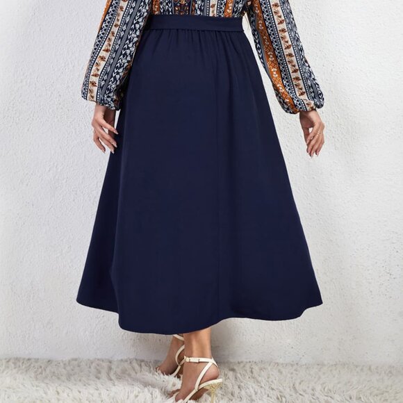 Melo Apparel Plus Size Printed Tie Belt Boat Neck Midi Dress - Picture 7 of 7